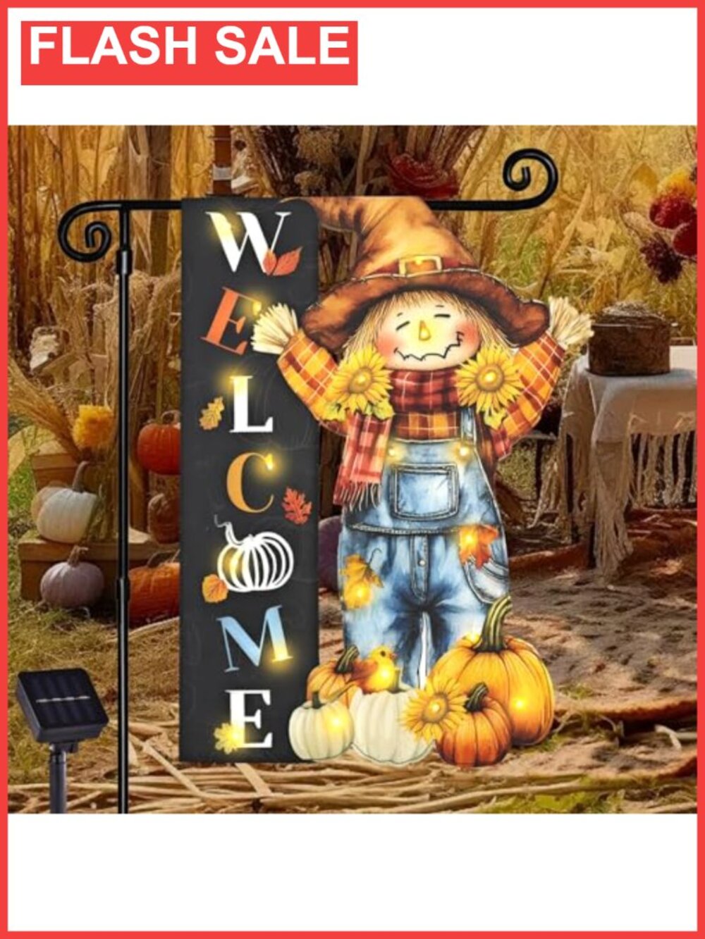Lighted Thanksgiving Garden Flag Solar Scarecrow Fall Yard Decor Double Sided